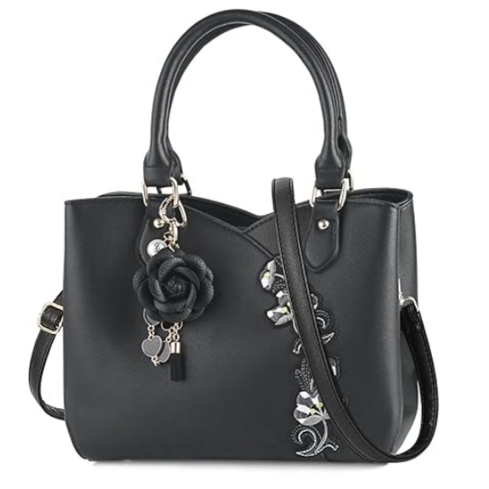 Handbag Embroidery Top Handle Satchel Fashion Shoulder Bag Tote Purse Black .